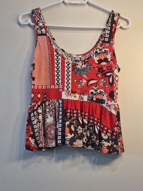 Guess Red Multi Floral Patchwork Peplum Tank